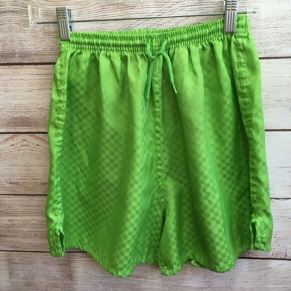 VINTAGE BASIC IMAGE CHECKERBOARD PRINT SHORTS IN NEON GREEN - Picture 2 of 4